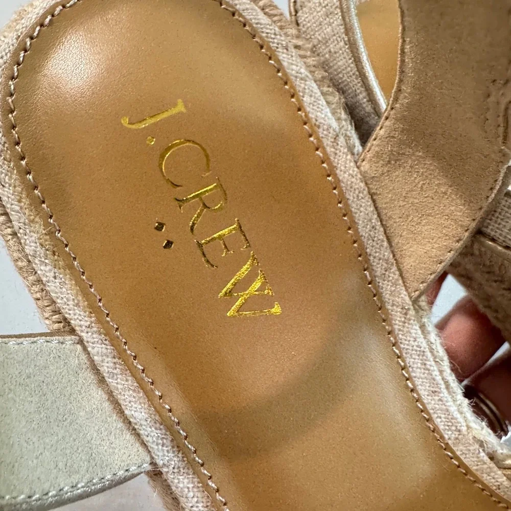 J.Crew Espadrille Block Heel Sandals Beige Gold Linen BW888 Womens 6